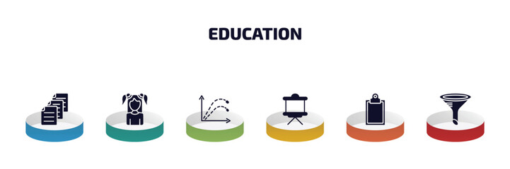 Poster - education infographic element with filled icons and 6 step or option. education icons such as various files, kid, ballistic, writing whiteboard, blank clipboard, chemistry funnel vector.