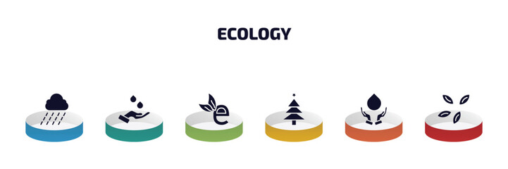 Poster - ecology infographic element with filled icons and 6 step or option. ecology icons such as raining, raindrop on a hand, eco e, christmas trees, save water, seeds vector.