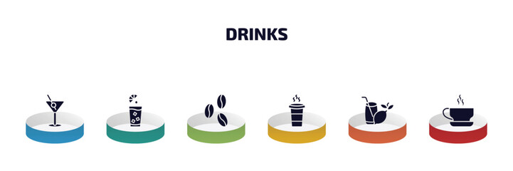 Poster - drinks infographic element with filled icons and 6 step or option. drinks icons such as manhattan, fruit juice, coffee bean, paper cup, lemon juice, espresso vector.