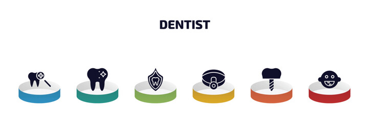 Wall Mural - dentist infographic element with filled icons and 6 step or option. dentist icons such as dental checkup, dentist, dental protection, headlamp, implant, baby dental vector.