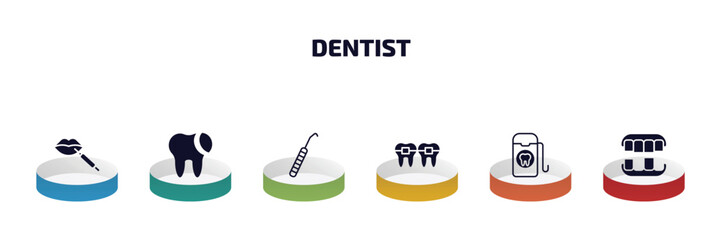 Poster - dentist infographic element with filled icons and 6 step or option. dentist icons such as filler, tooth filling, dental probe, dental brackets, dental floss, overdenture vector.
