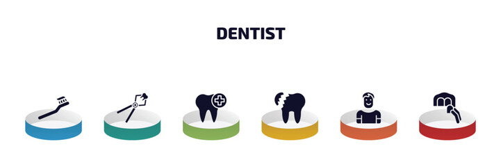 Poster - dentist infographic element with filled icons and 6 step or option. dentist icons such as toothbrushes, tooth extraction, healthy tooth, broken tooth, healthy boy, dental veneer vector.