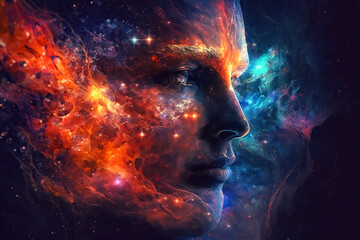 Wall Mural - human head blended with a space nebula mind - ai generative no one recognizable