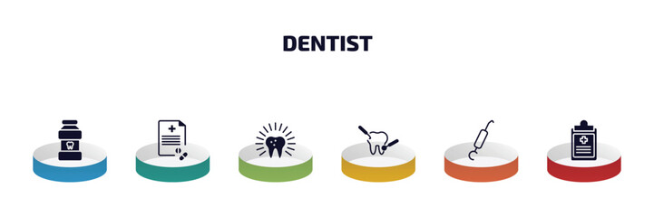 Wall Mural - dentist infographic element with filled icons and 6 step or option. dentist icons such as mouth wash, medical prescription, dental, dental care, periodontal scaler, health report vector.