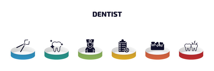 Poster - dentist infographic element with filled icons and 6 step or option. dentist icons such as tooth pliers, white teeth, male nurse, medical list, malocclusion, toothache vector.