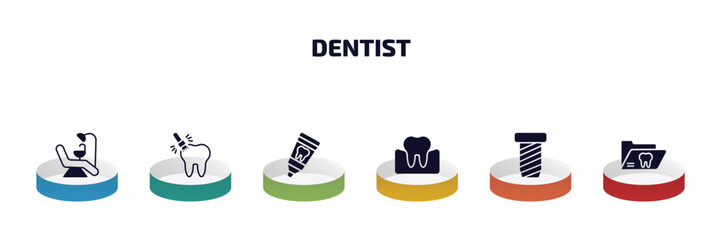 Poster - dentist infographic element with filled icons and 6 step or option. dentist icons such as dentist chair, sealants, toothpaste tube, occlusal, implant fixture, dental folder vector.