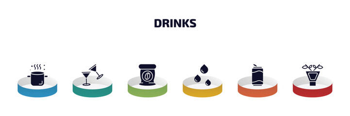 Poster - drinks infographic element with filled icons and 6 step or option. drinks icons such as boiling, toast, coffee bag, drip, soda can, irish sour vector.