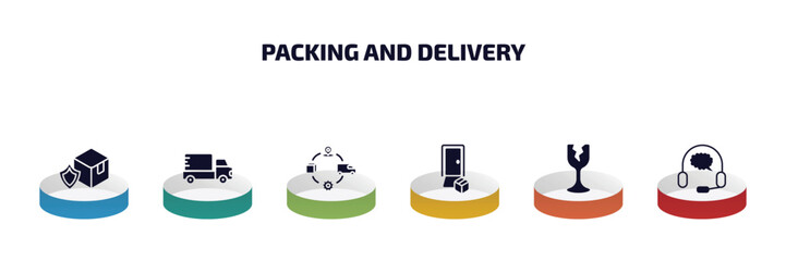 Poster - packing and delivery infographic element with filled icons and 6 step or option. packing and delivery icons such as delivery shield, supply chain, door, fragile, customer support vector.