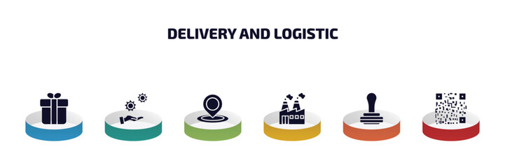 Poster - delivery and logistic infographic element with filled icons and 6 step or option. delivery and logistic icons such as gift, support, tracking, factory, stamp, bar code vector.