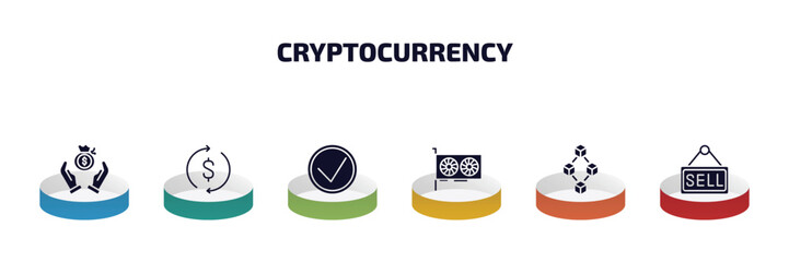 Poster - cryptocurrency infographic element with filled icons and 6 step or option. cryptocurrency icons such as saving, dollar reload, real, video card, blokchain block, sell vector.