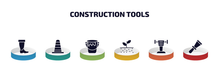 Poster - construction tools infographic element with filled icons and 6 step or option. construction tools icons such as rubber boots, road construction, open paint bucket, soil, rammer, scratcher tool