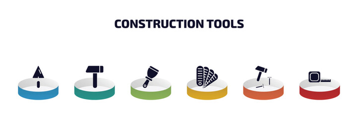 Poster - construction tools infographic element with filled icons and 6 step or option. construction tools icons such as trowel, brick hammer, putty knife, pantone, hammer and nail, open scale vector.
