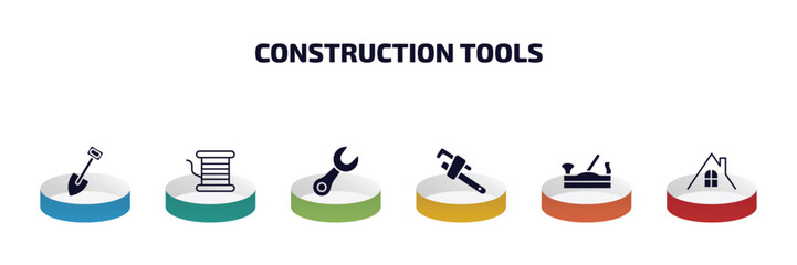 Poster - construction tools infographic element with filled icons and 6 step or option. construction tools icons such as spade tool, copper, garage wrench, stillson wrench, jack plane, roof vector.