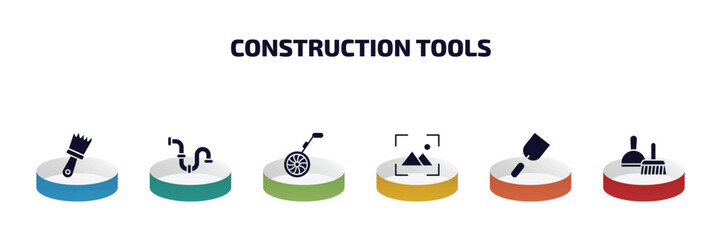 Poster - construction tools infographic element with filled icons and 6 step or option. construction tools icons such as builder brush, plumbing pipes, measuring wheel, wallpaper, gardening palette, dustpan