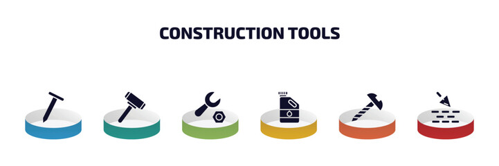 Poster - construction tools infographic element with filled icons and 6 step or option. construction tools icons such as nail, sledge hammer, wrench and nut, gallon oil, screw, construction works vector.