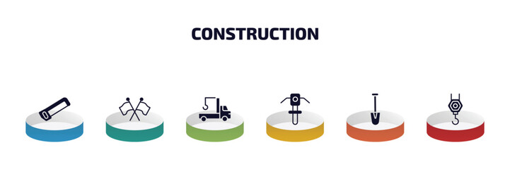 Poster - construction infographic element with filled icons and 6 step or option. construction icons such as hacksaw, flags crossed, crane truck, inclined picker, short shovel, pulley hook vector.
