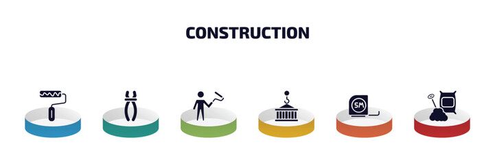 Poster - construction infographic element with filled icons and 6 step or option. construction icons such as roller and paint, inclined clippers, man painting, derrick with pallet, five meters ruler, cement