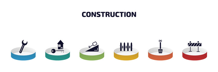 Poster - construction infographic element with filled icons and 6 step or option. construction icons such as spanner, home key, inclined, garden fence, inclined shovel, road barrier vector.