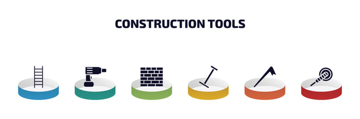 Poster - construction tools infographic element with filled icons and 6 step or option. construction tools icons such as ladder, hand drill, brick wall, gardening rake, crowbar, polishers vector.