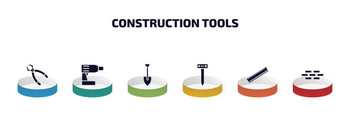 Poster - construction tools infographic element with filled icons and 6 step or option. construction tools icons such as plier, cordless drill, spade, boning rod, school ruler, brick vector.