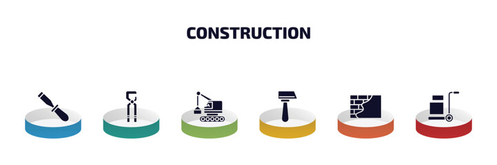 Poster - construction infographic element with filled icons and 6 step or option. construction icons such as chisel, big clippers, derrick with box, inclined hammer, concrete, trolley with cargo vector.