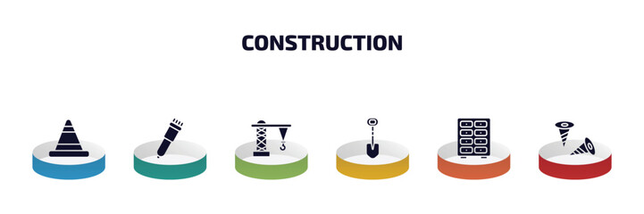 Poster - construction infographic element with filled icons and 6 step or option. construction icons such as road stopper, clippers, derrick facing right, interior de, big clo, two screws vector.
