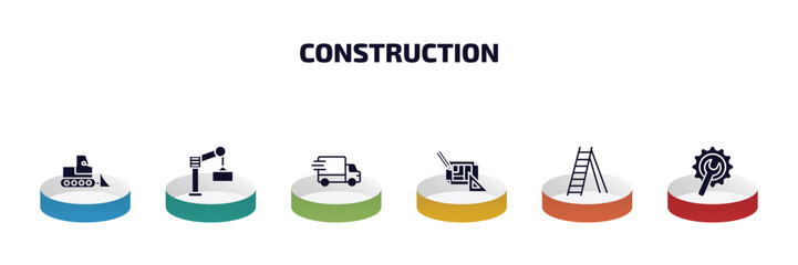Poster - construction infographic element with filled icons and 6 step or option. construction icons such as bulldozer, derrick with boxes, truck with freight, construction plan, double ladder, wrench and
