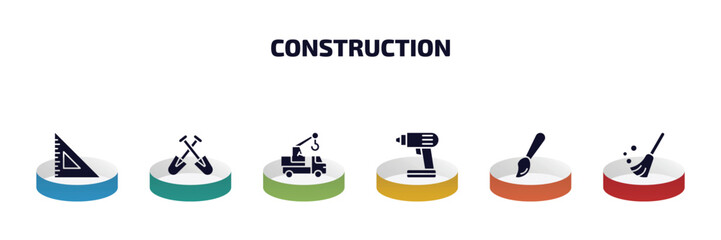 Poster - construction infographic element with filled icons and 6 step or option. construction icons such as angle ruler, two shovels, truck with crane, electric drill, brush, sweeping broom vector.