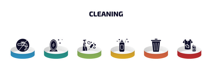 Poster - cleaning infographic element with filled icons and 6 step or option. cleaning icons such as no water cleanin, mirror cleanin, cleaning tools, shampoo, bin, stain remover vector.