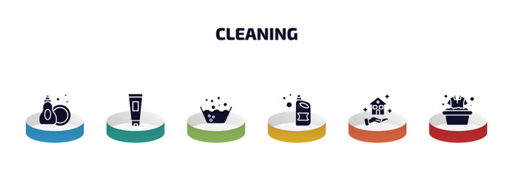 Wall Mural - cleaning infographic element with filled icons and 6 step or option. cleaning icons such as dishwashing detergent, cream, soak, detergent, clean-living, clothes cleaning vector.