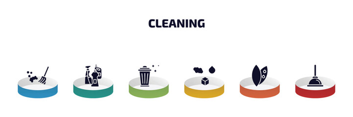 Poster - cleaning infographic element with filled icons and 6 step or option. cleaning icons such as broom cleanin, cleaning products, trash cleanin, states of matter, leaf cleanin, plunger vector.
