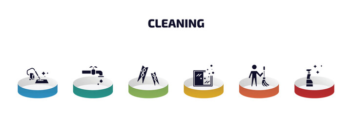 Poster - cleaning infographic element with filled icons and 6 step or option. cleaning icons such as carpet cleaning, tap, clothes peg, window, cleaner, glass cleaner vector.