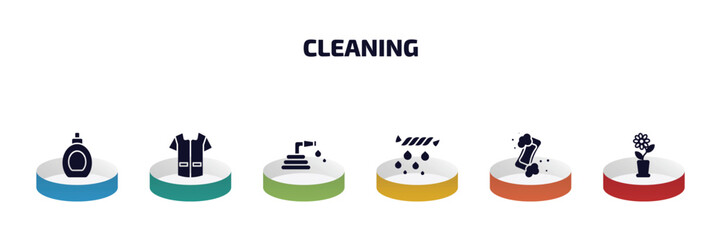 Wall Mural - cleaning infographic element with filled icons and 6 step or option. cleaning icons such as perfume cleanin, cleaner uniform, garden hose, squeeze, hand soap, rose cleanin vector.