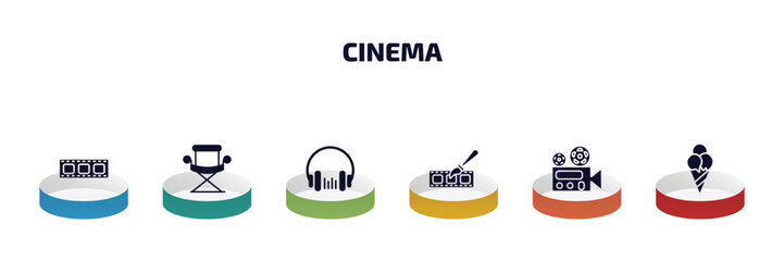 Poster - cinema infographic element with filled icons and 6 step or option. cinema icons such as film negatives, director film chair, headphone, animation, film viewer, stripped ice cream cone vector.