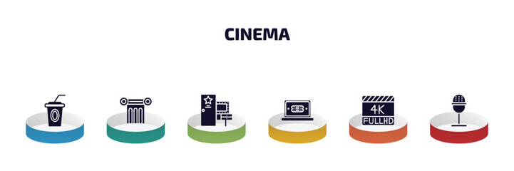 Poster - cinema infographic element with filled icons and 6 step or option. cinema icons such as papper cup with straw, theatre pillar, dressing room, buy tickets online, 4k fullhd, studio mic vector.