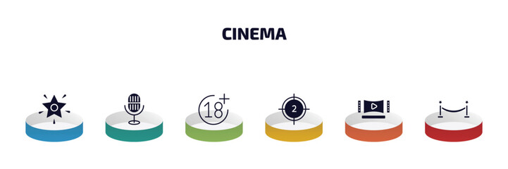 Poster - cinema infographic element with filled icons and 6 step or option. cinema icons such as famous cinema star, movie microphone, plus 18 movie, film counter, home theater, borders vector.