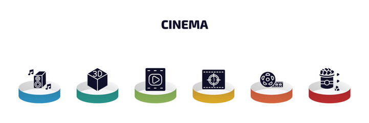 Poster - cinema infographic element with filled icons and 6 step or option. cinema icons such as loud woofer box, 3d, film, movie countdown, big film roll, popcorn bag vector.