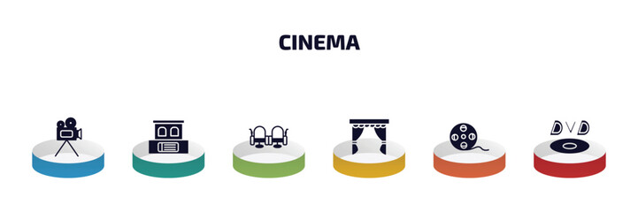 Poster - cinema infographic element with filled icons and 6 step or option. cinema icons such as movie camera, box office, cinema seats, curtain, movie roll, dvd vector.