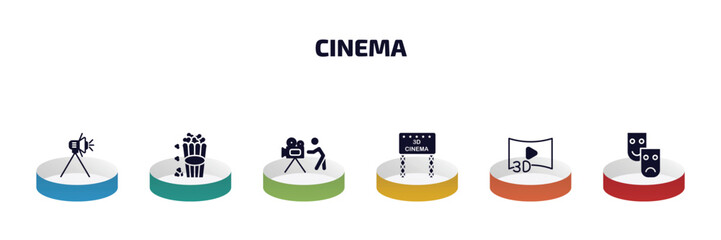 Poster - cinema infographic element with filled icons and 6 step or option. cinema icons such as cinema light source, popcorn box, cameraman, movie billboard, 3d video, movie theatre vector.
