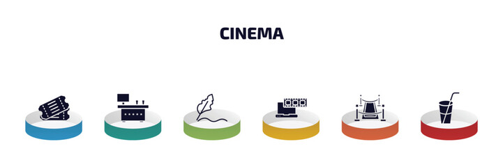 Poster - cinema infographic element with filled icons and 6 step or option. cinema icons such as two movie tickets, cinema snack bar, author, laptop with film strip, red carpet, drink with straw vector.