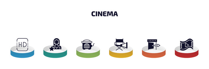 Poster - cinema infographic element with filled icons and 6 step or option. cinema icons such as hd, actress, cinema hurdy gurdy, film director, exit, big play button vector.