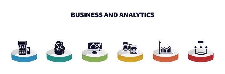 Poster - business and analytics infographic element with filled icons and 6 step or option. business and analytics icons such as terminal, businesswoman, stock market, spending, profit analysis, flow chart
