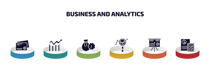 Poster - business and analytics infographic element with filled icons and 6 step or option. business and analytics icons such as business card, data analytics circular, debt, market research, stellar,