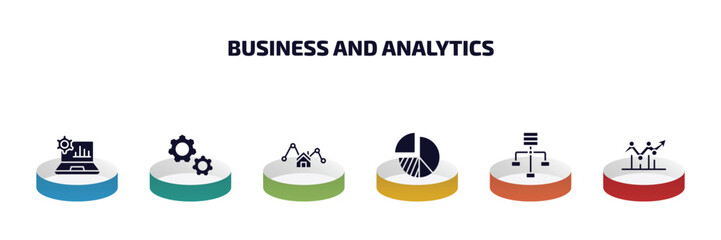 Poster - business and analytics infographic element with filled icons and 6 step or option. business and analytics icons such as laptop with analysis, cogwheel hine part, mortgage statistics, chart pie,