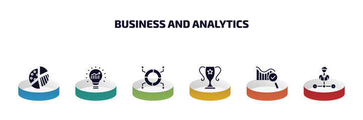 Poster - business and analytics infographic element with filled icons and 6 step or option. business and analytics icons such as graph pie, solution, infographics, achievement, search analytics, department