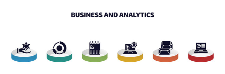 Poster - business and analytics infographic element with filled icons and 6 step or option. business and analytics icons such as revenue, graph pie, wall calendar, data analytics, correspondence, laptop