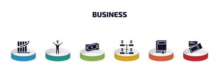 Poster - business infographic element with filled icons and 6 step or option. business icons such as measuring success, man success, euro bills, increase team work, story, credit card and ticket vector.