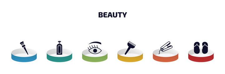 Poster - beauty infographic element with filled icons and 6 step or option. beauty icons such as makeup brush, inclined bottle, woman eye, tint brush, hair straightener, two flip flops vector.