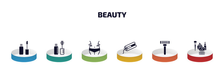Poster - beauty infographic element with filled icons and 6 step or option. beauty icons such as lip gloss, mascara, women waist, flat iron, razor, makeup vector.