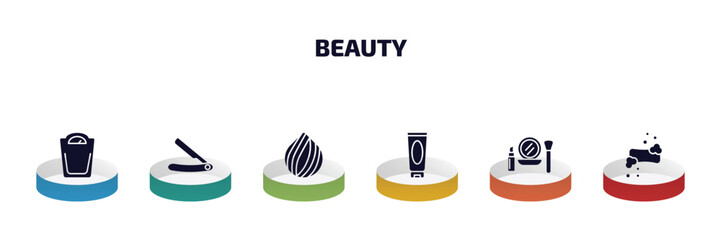 Poster - beauty infographic element with filled icons and 6 step or option. beauty icons such as big scale, straight razor, hair sample, cream tube, make up, soap bar vector.